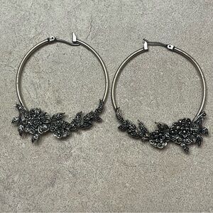 Fossil Silver and Marcasite Hoop Earrings with With Floral Motif